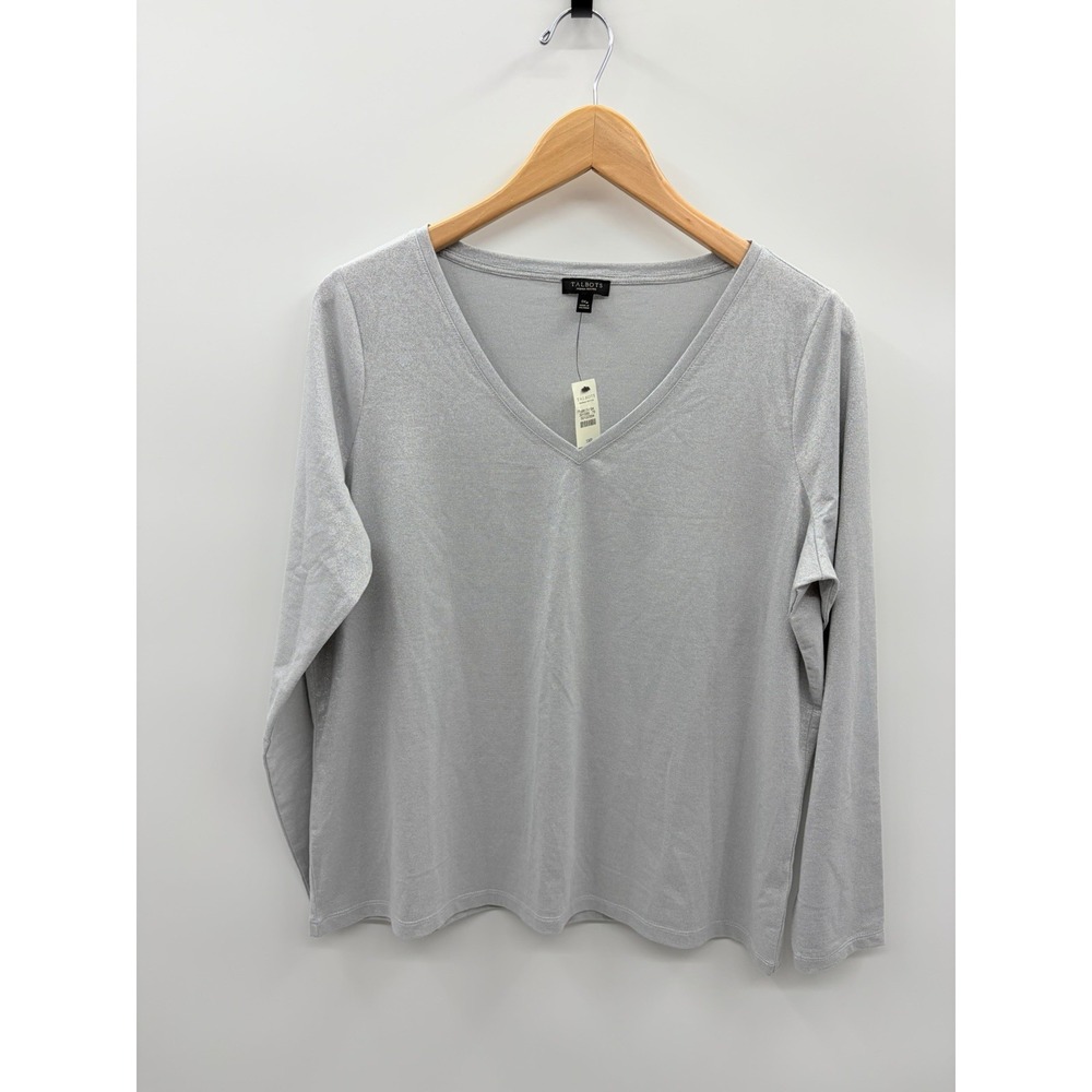 Talbots Petite Womens Plus Size 1XP Long Sleeve V Neck Tee Metallic Silver 1483